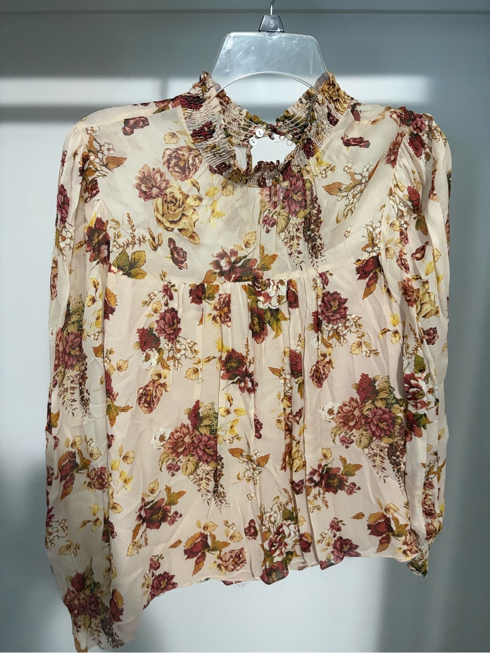 Zara Floral Smocked Neck Long-Sleeve Blouse - Cream/Rose